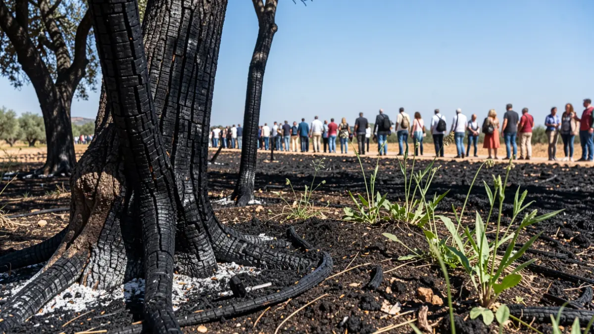 Generic image of a Mediterranean landscape with burnt trees and black earth, with green shoots emerging.