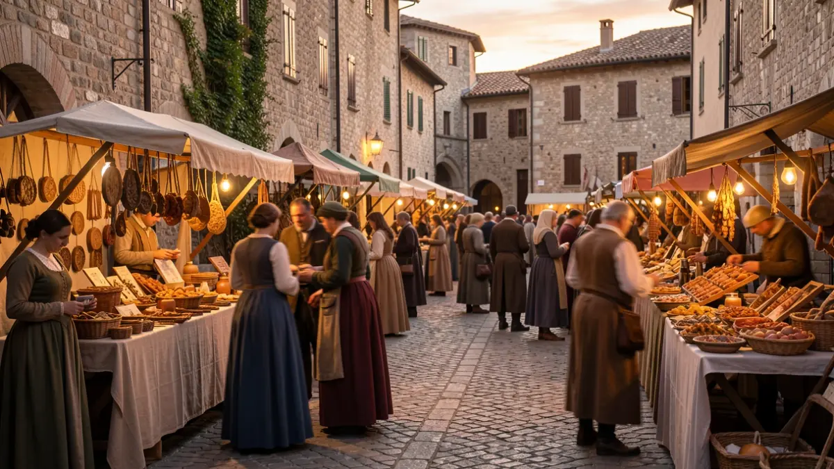 Imatge genèrica d'un mercat medieval amb parades i gent vestida d'època.