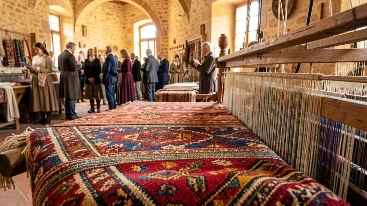 Imagen de un telar tradicional creando una alfombra con hilos vivos y patrones complejos.