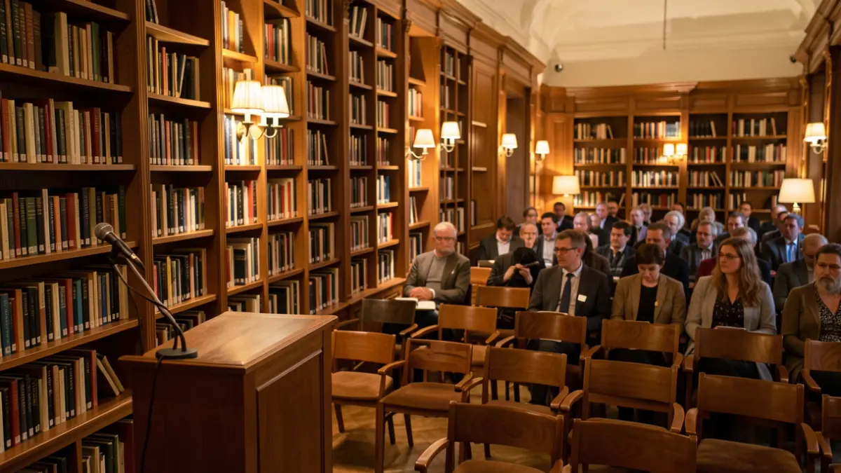 Interior of a library with wooden bookshelves and a microphone on a podium, warm reading atmosphere.