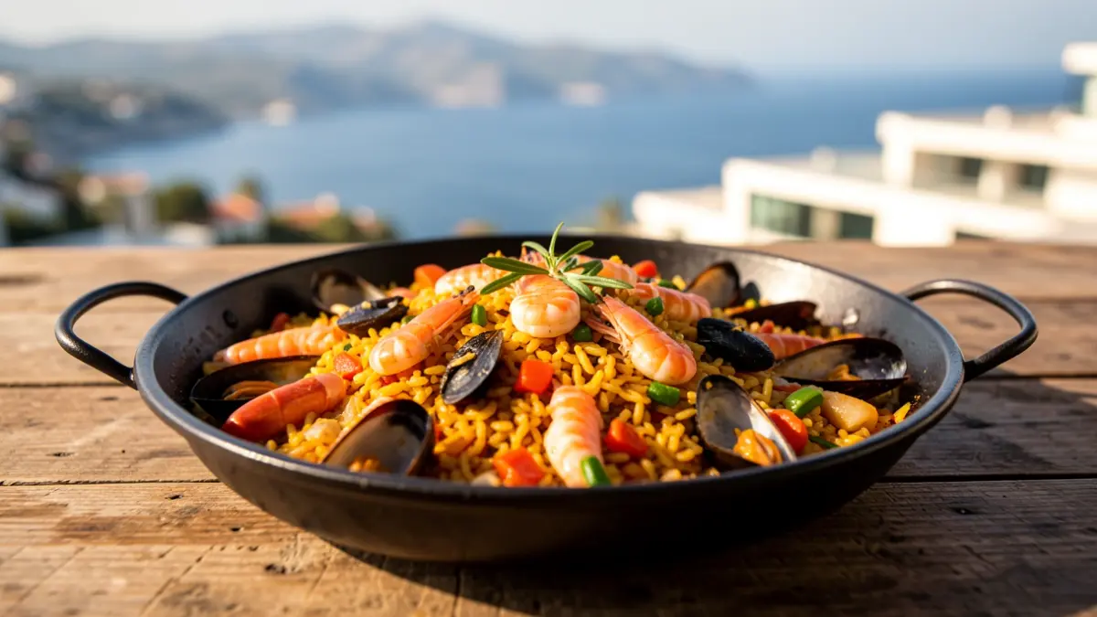 Imatge d'una paella guanyadora amb ingredients frescos i un fons que suggereix València.