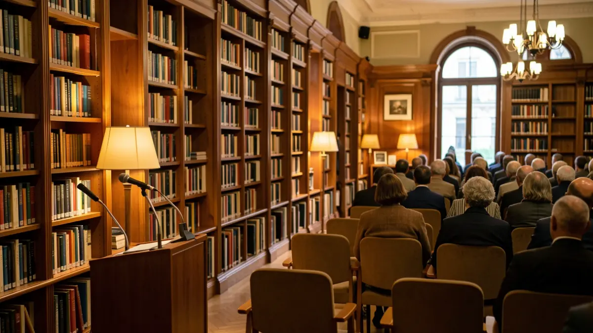 Imagen genérica de una sala de estudios con libros y un atril.