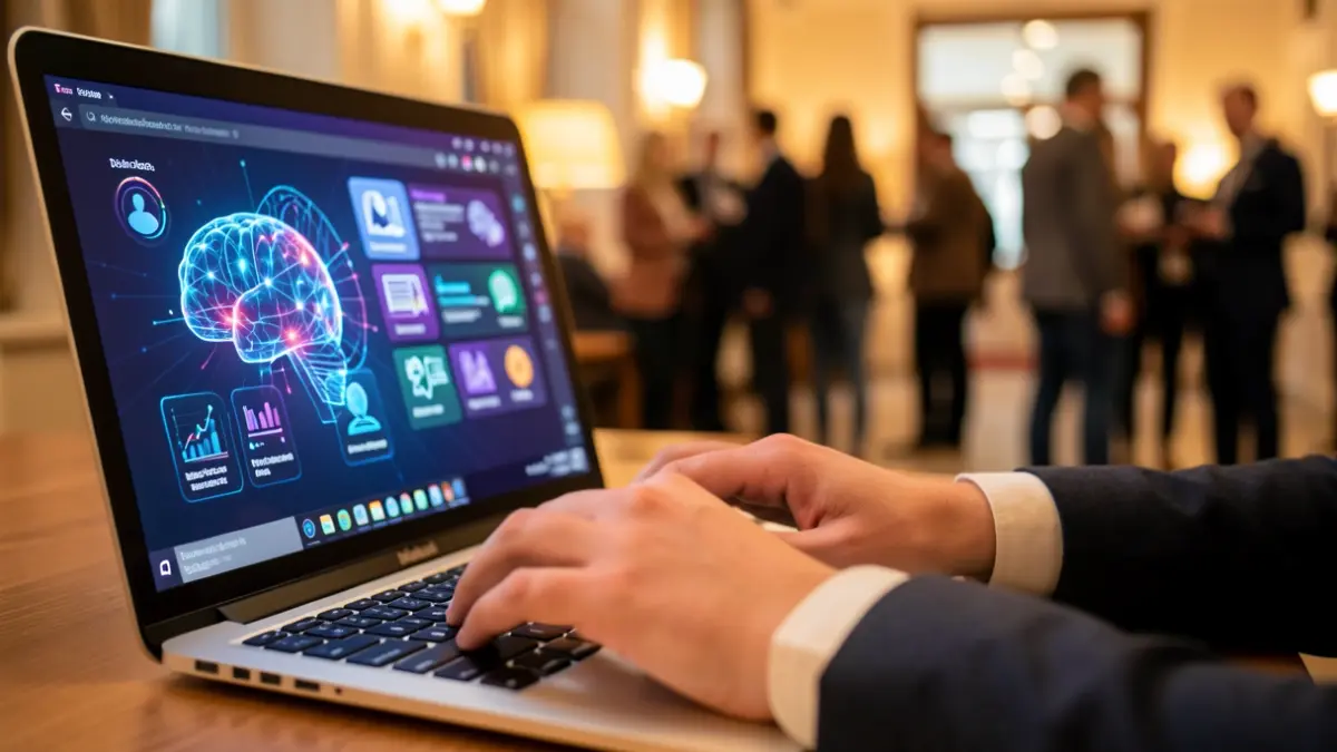 Generic image of a person using a laptop with digital graphics related to artificial intelligence and study.