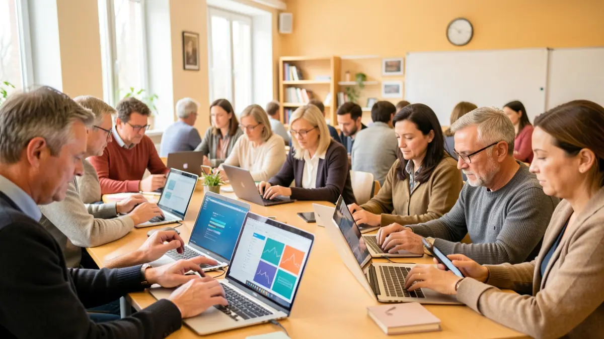 Generic image of people using computers and mobile phones in a community center.
