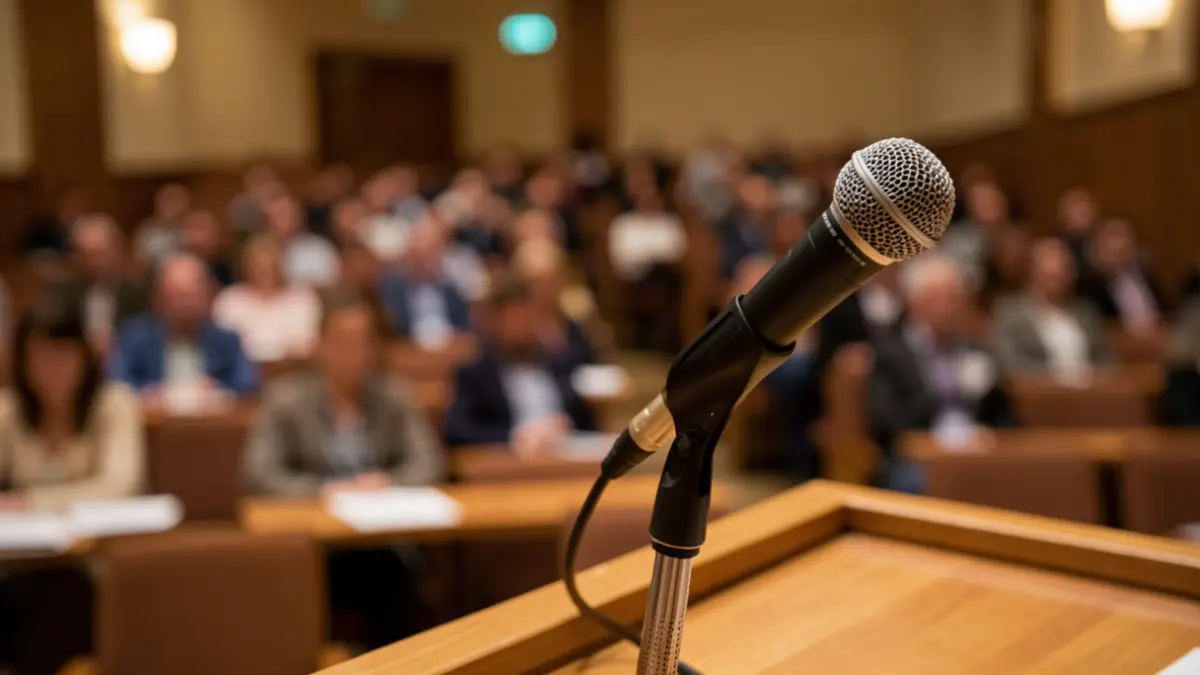 Imagen genérica de un atril con un micrófono en una sala de conferencias.
