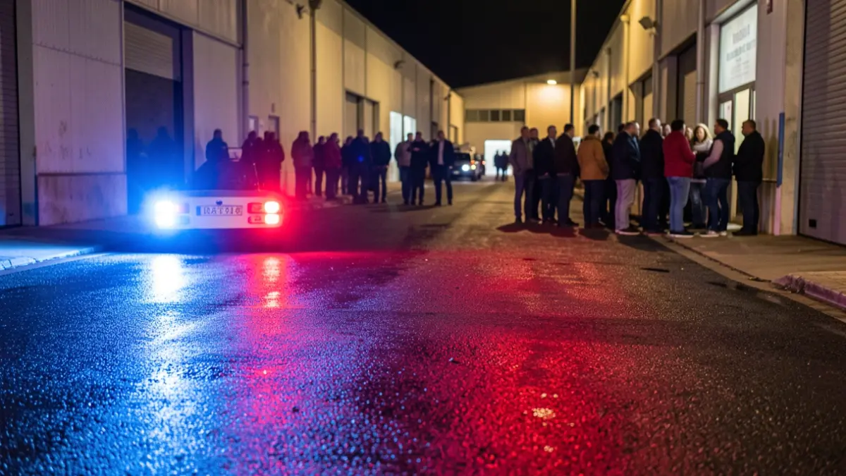 Imatge genèrica de llums d'emergència policials reflectint-se en asfalt mullat.