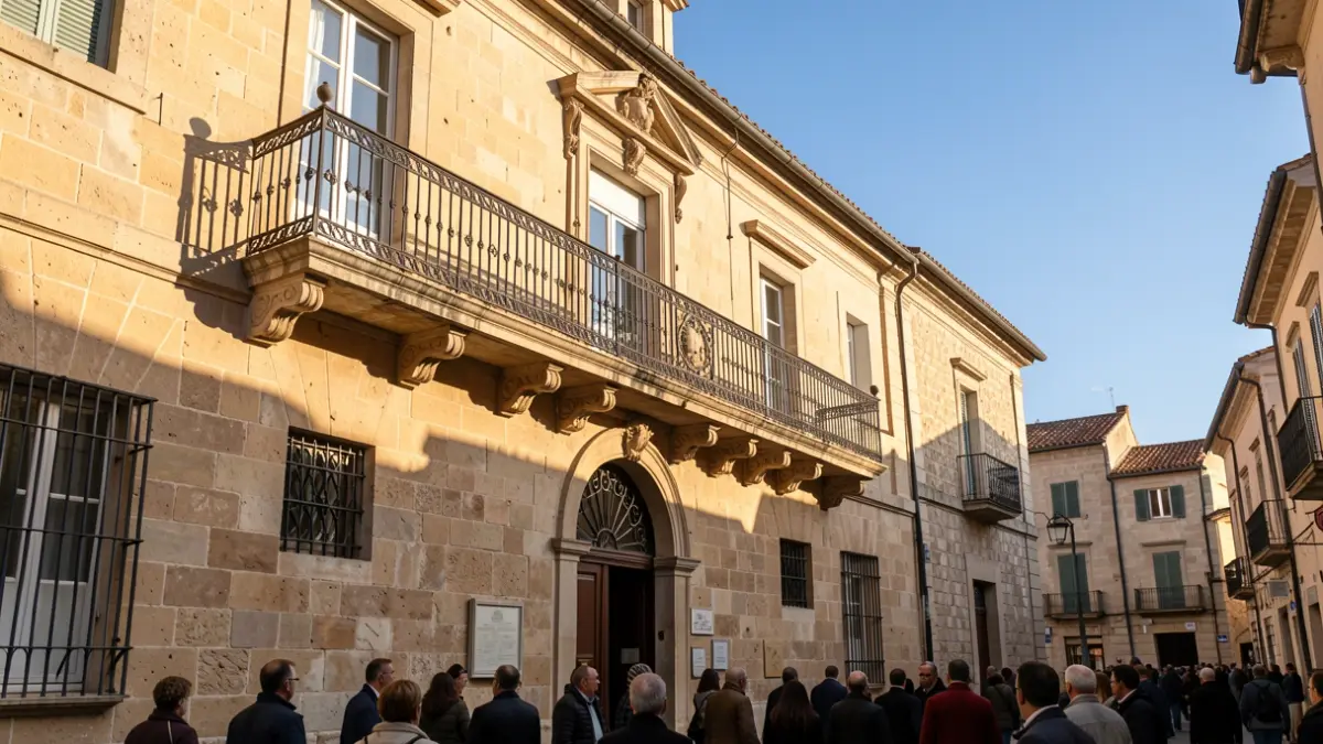 Imagen genérica de la fachada de un ayuntamiento mediterráneo con balcón y barandillas de hierro, luz de tarde.
