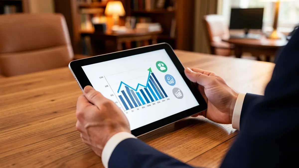 Imagen genérica de una tablet digital con gráficos e iconos de negocio.