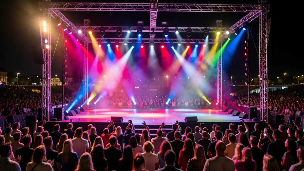 Imagen genérica de un escenario de festival de música iluminado por focos.