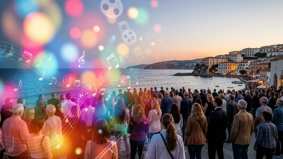 Imatge genèrica d'un festival de cinema i música amb elements abstractes i la costa mediterrània.
