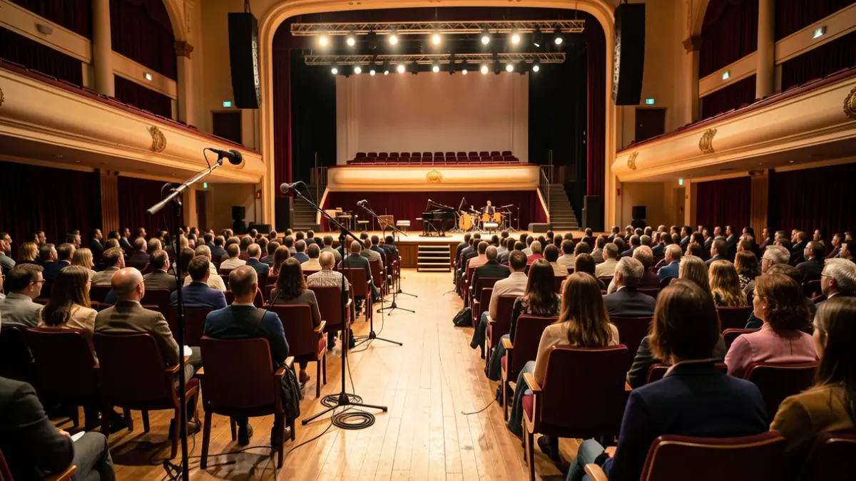 Imatge genèrica d'una sala de concerts amb un escenari i cadires buides.