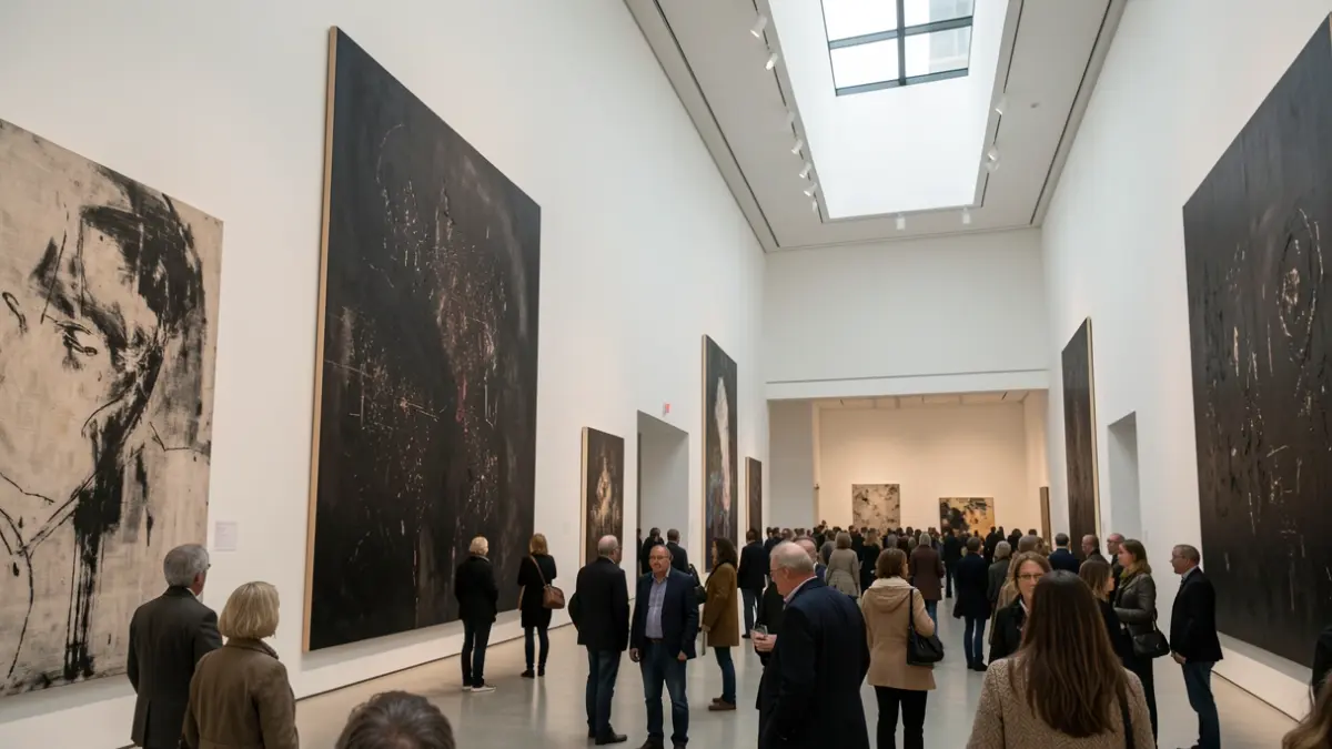 View of the interior of a contemporary art gallery with large-format works.