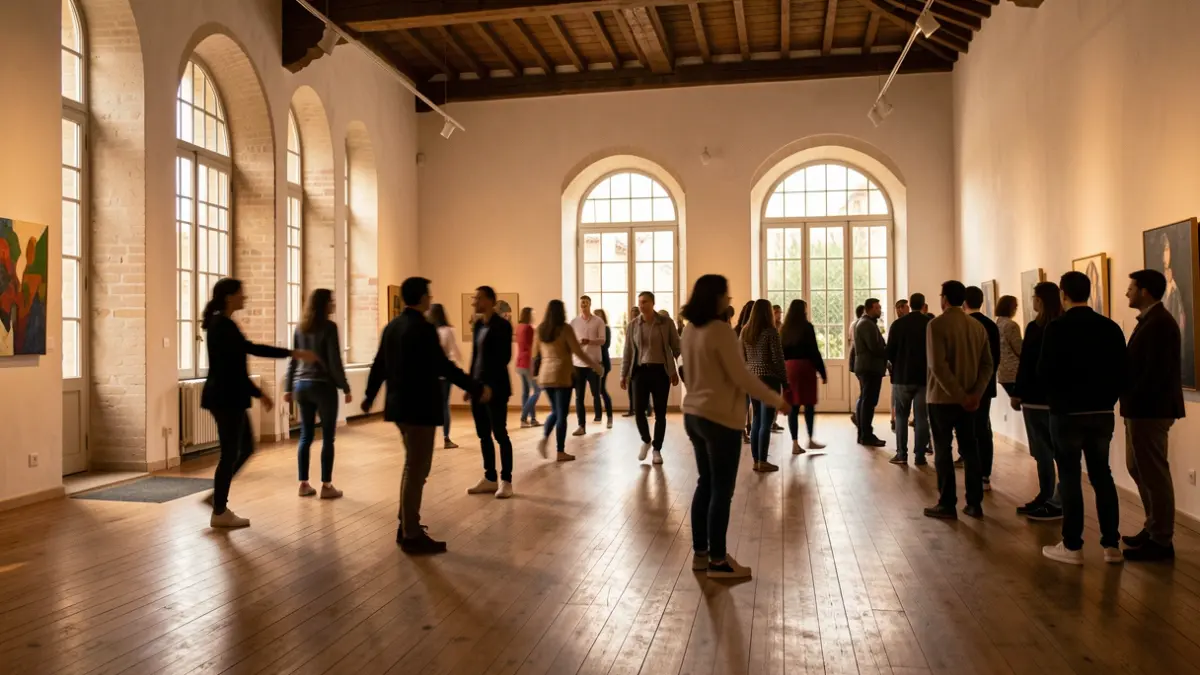 Interior of an arts center with natural light and silhouettes of students in a dance studio.