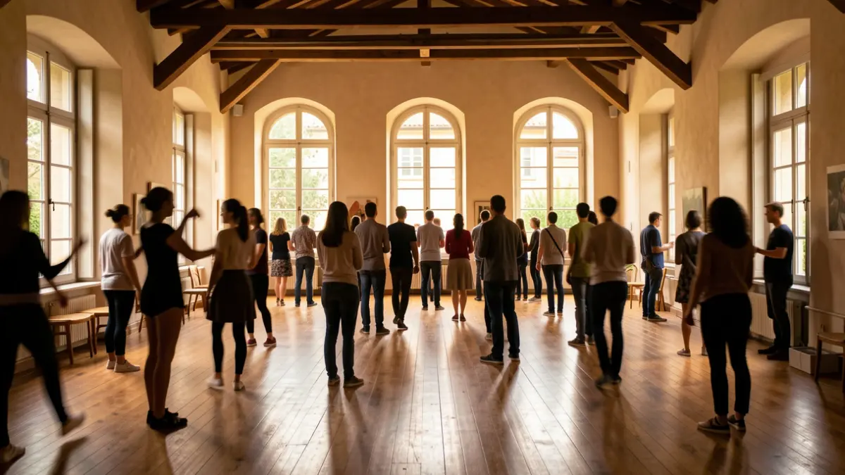 Interior d'una escola d'arts amb llum natural i siluetes d'alumnes en un estudi de dansa.
