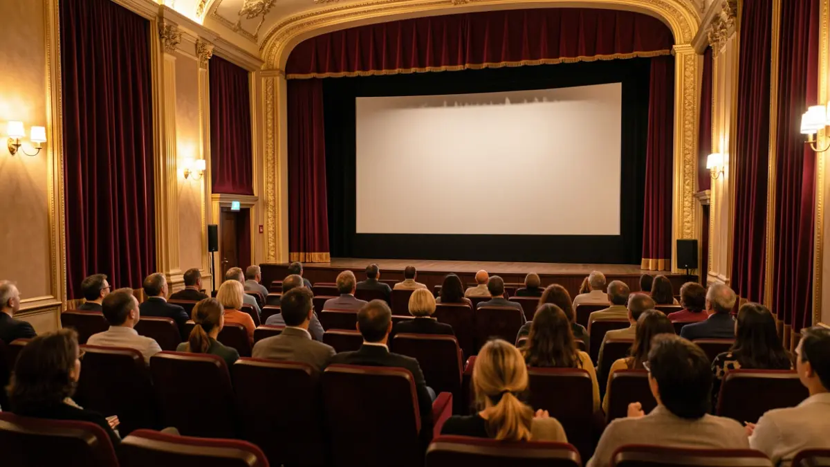 Generic image of a cinema hall with velvet curtains and warm lighting.