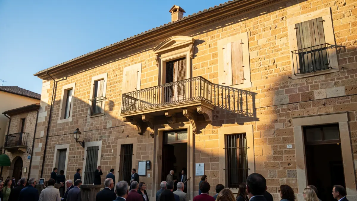 Generic image of a Mediterranean town hall facade with a balcony and iron railings, under the afternoon sunlight.