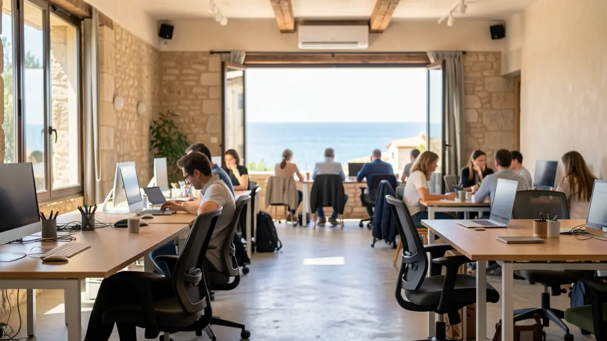 Generic image of a modern coworking space with natural light and sea views.