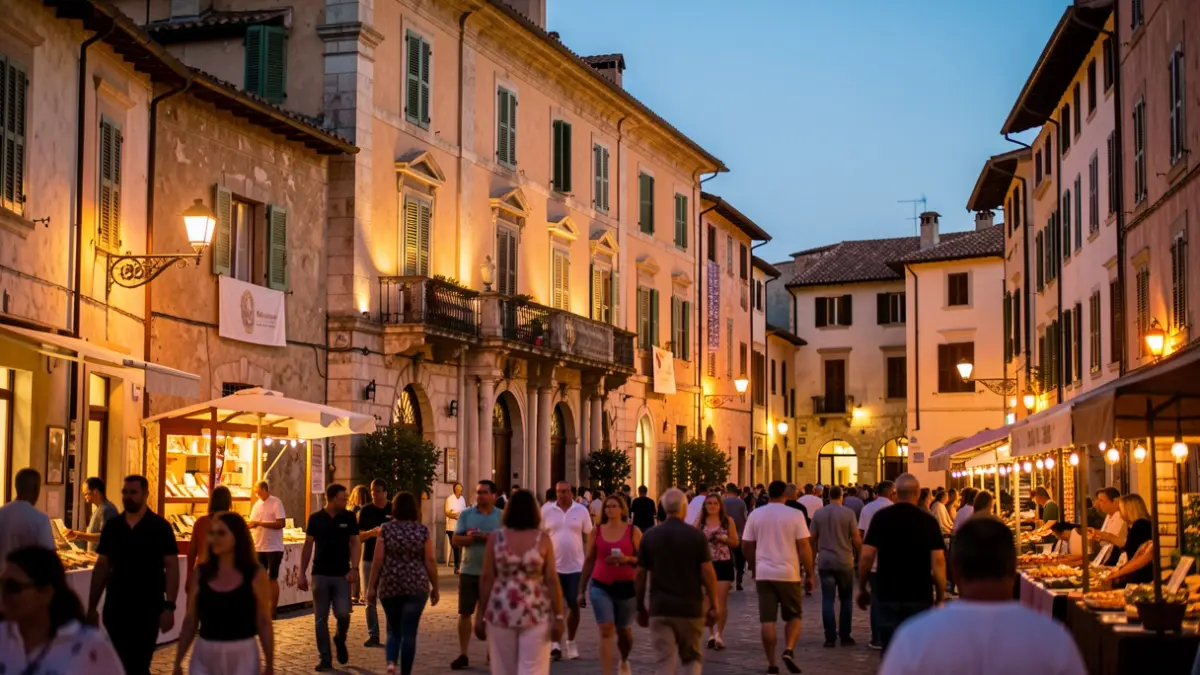 Imatge genèrica d'una plaça de poble mediterrani il·luminada al capvespre, amb una façana d'estil institucional i gent al fons.