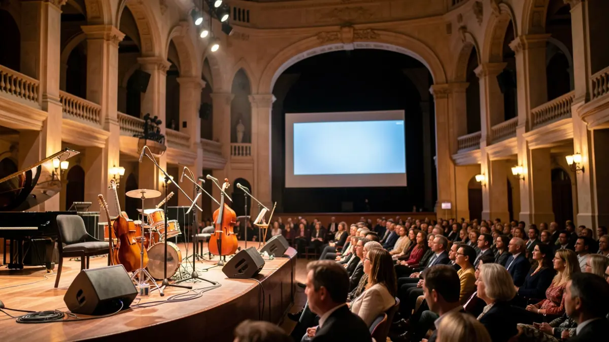 Imatge genèrica de l'interior del Palau de la Música de València amb un escenari preparat per a un espectacle audiovisual.