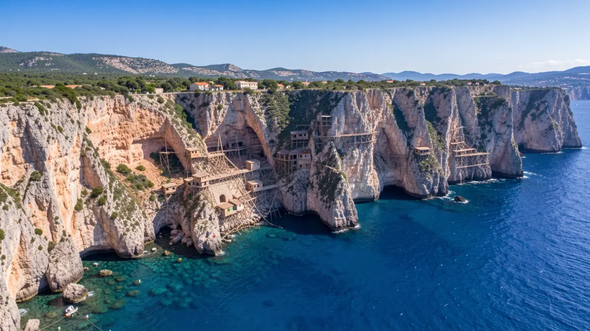 Vista aérea de acantilados costeros inaccesibles con estructuras de pesca ancestrales.