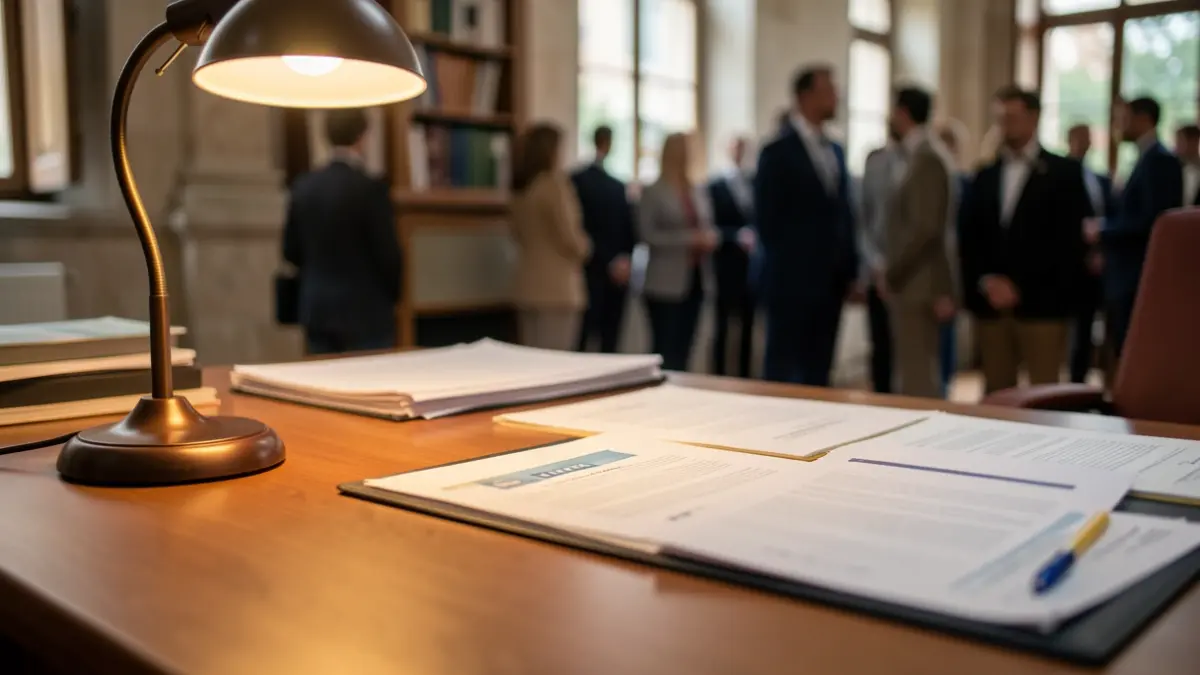 Generic image of an office with administrative documentation and warm lighting.