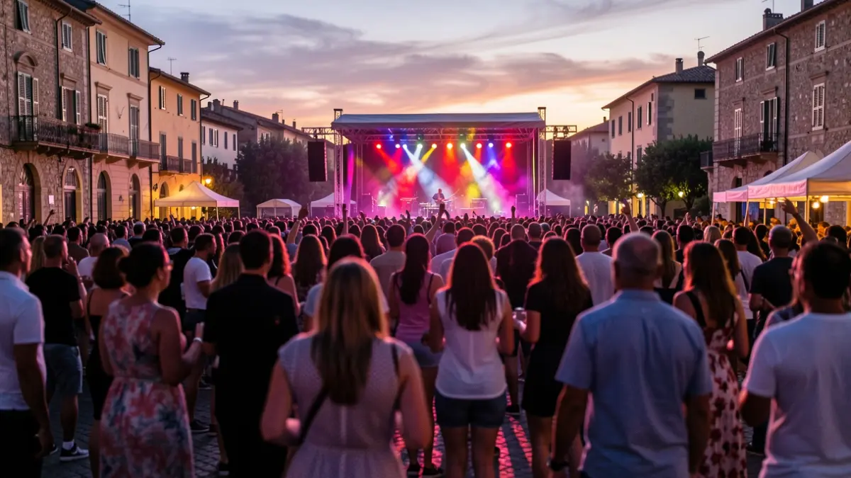 Generic image of an outdoor music festival at dusk, with colorful lights and people dancing.