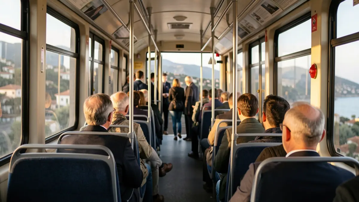 Imagen genérica del interior de un tranvía con el paisaje valenciano al fondo.
