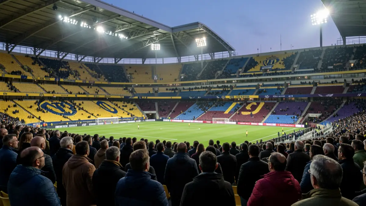 Imatge genèrica d'un estadi de futbol il·luminat al capvespre, amb els colors dels equips subtilment insinuats.