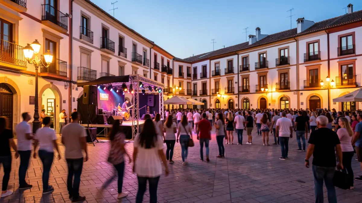 Generic image of a Valencian town square illuminated at night during a festival.