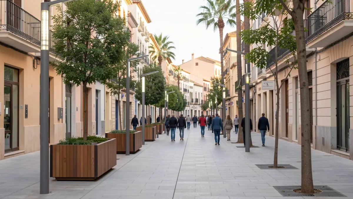 Imagen genérica de una calle reurbanizada con plataforma única, jardineras y alumbrado LED.