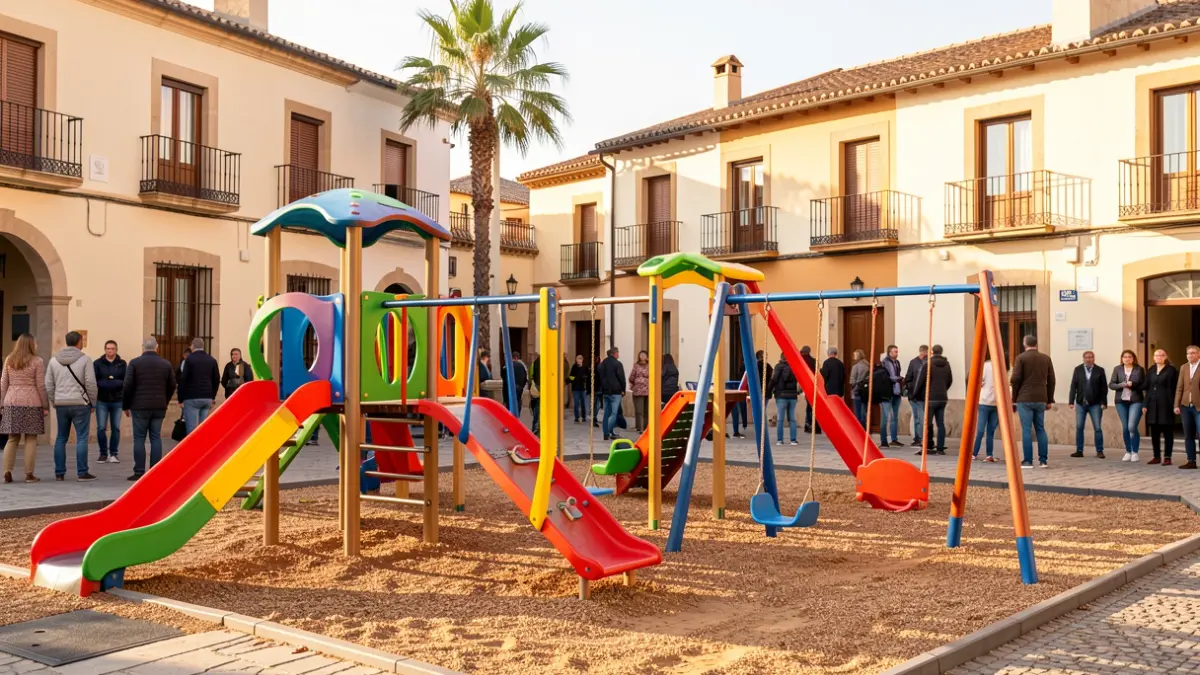 Imagen de un parque infantil renovado en Elda con juegos modernos y accesibles.