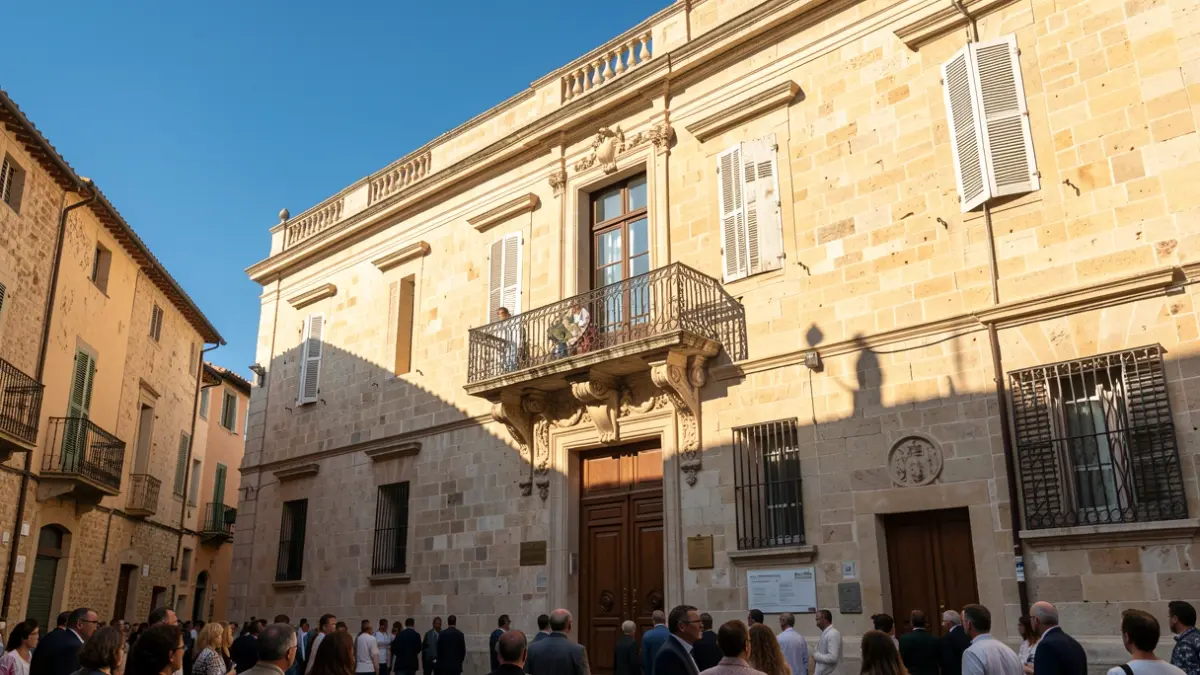 Generic image of a Mediterranean town hall facade with a balcony and iron railings, illuminated by afternoon sun.