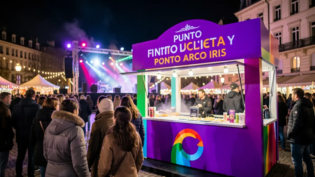 Imatge genèrica d'un punt d'atenció violeta i arc de Sant Martí en un recinte festiu nocturn.
