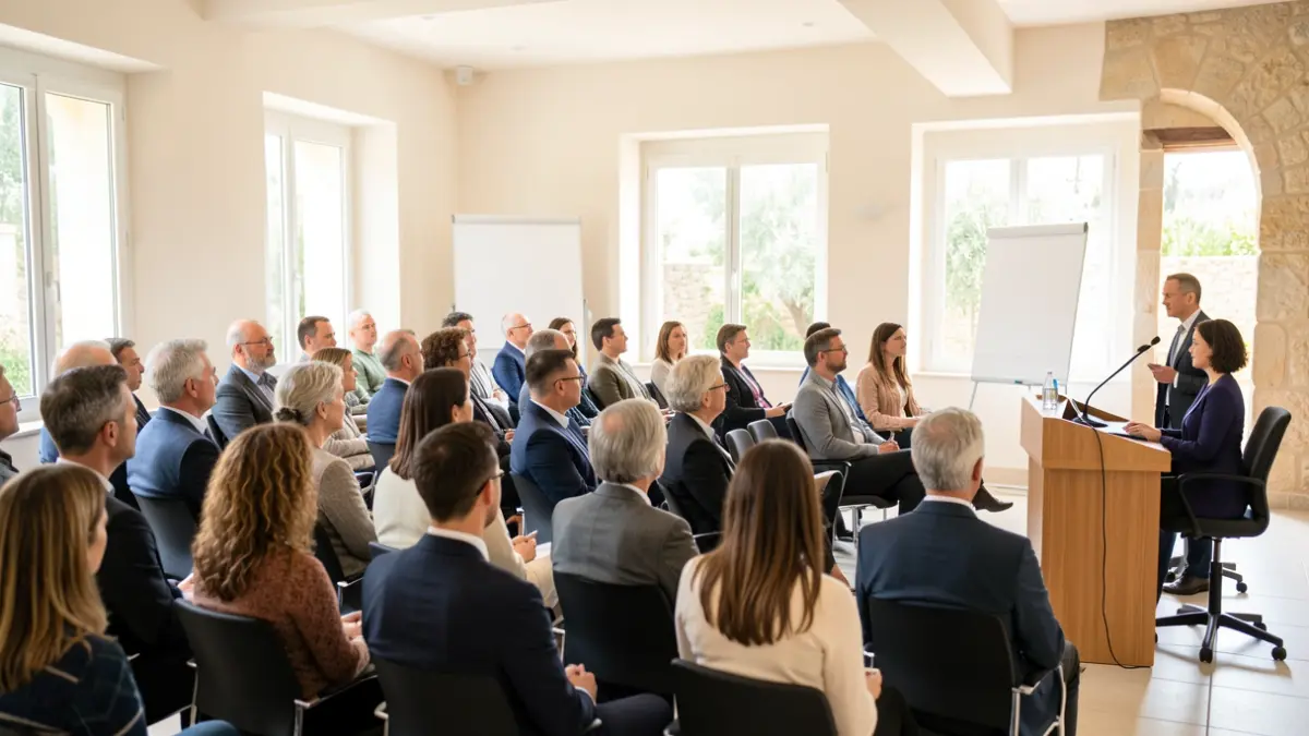 Imatge genèrica d'una sala de conferències amb assistents i un faristol.