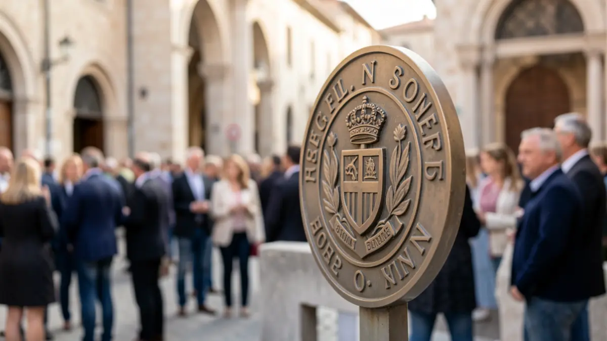 Generic image of an official seal with a Mediterranean architectural background.