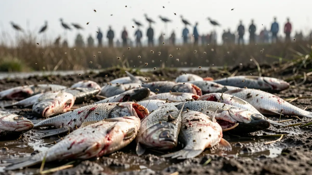 Generic image of dead fish in a wetland with insects and birds around.