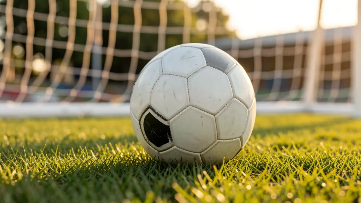 Imagen genérica de un balón de fútbol sobre césped con una portería desenfocada al fondo.