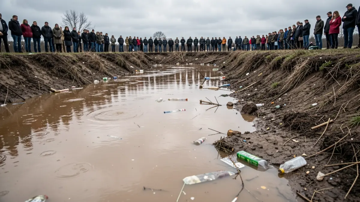 Imatge genèrica d'un riu contaminat amb aigua tèrbola i escombres.