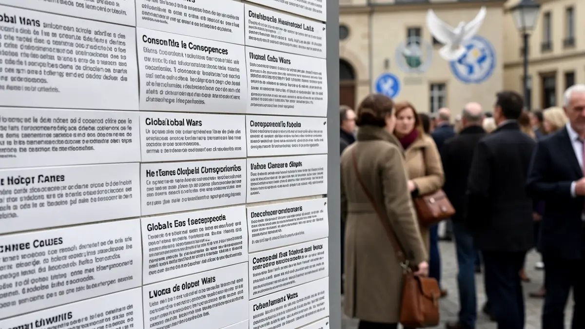 Generic image of informational panels about wars and international humanitarian law.
