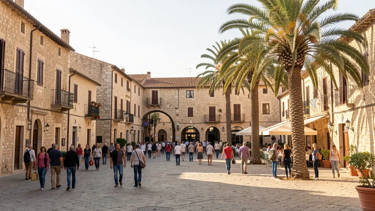 Vista de una plaza histórica en Elche con palmeras y arquitectura tradicional bajo la luz de la tarde.