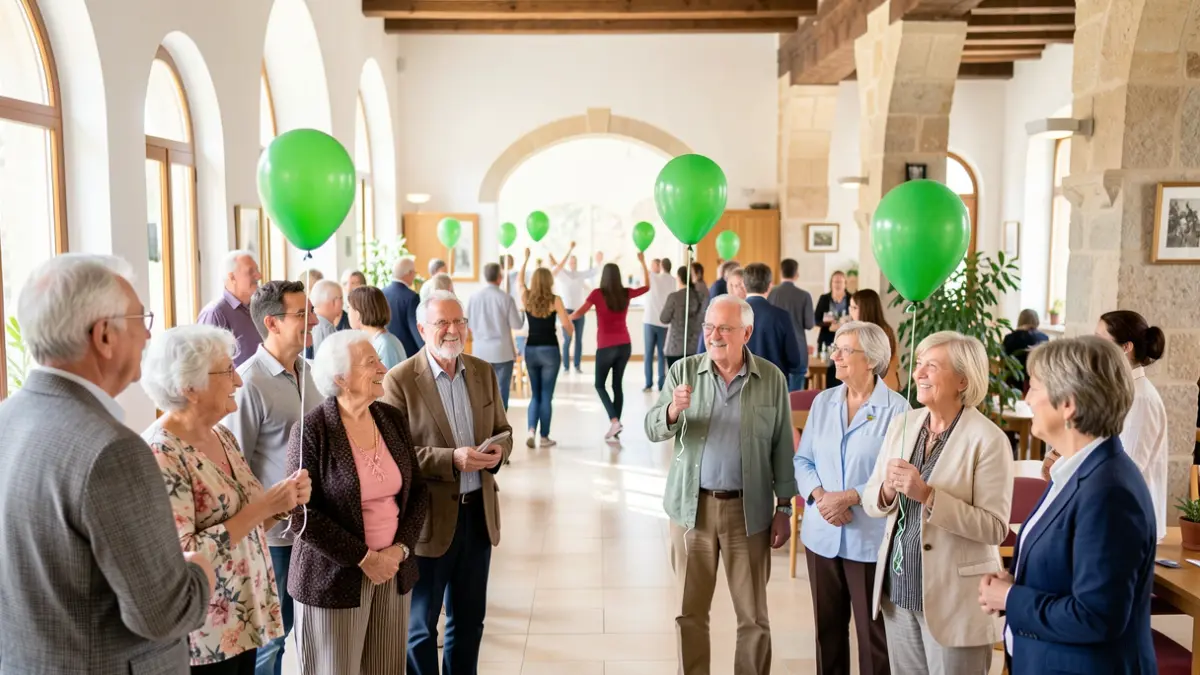 Imatge genèrica d'un acte de commemoració del Dia Mundial de l'Alzheimer amb lectors de manifest, globus verds i flashmob.
