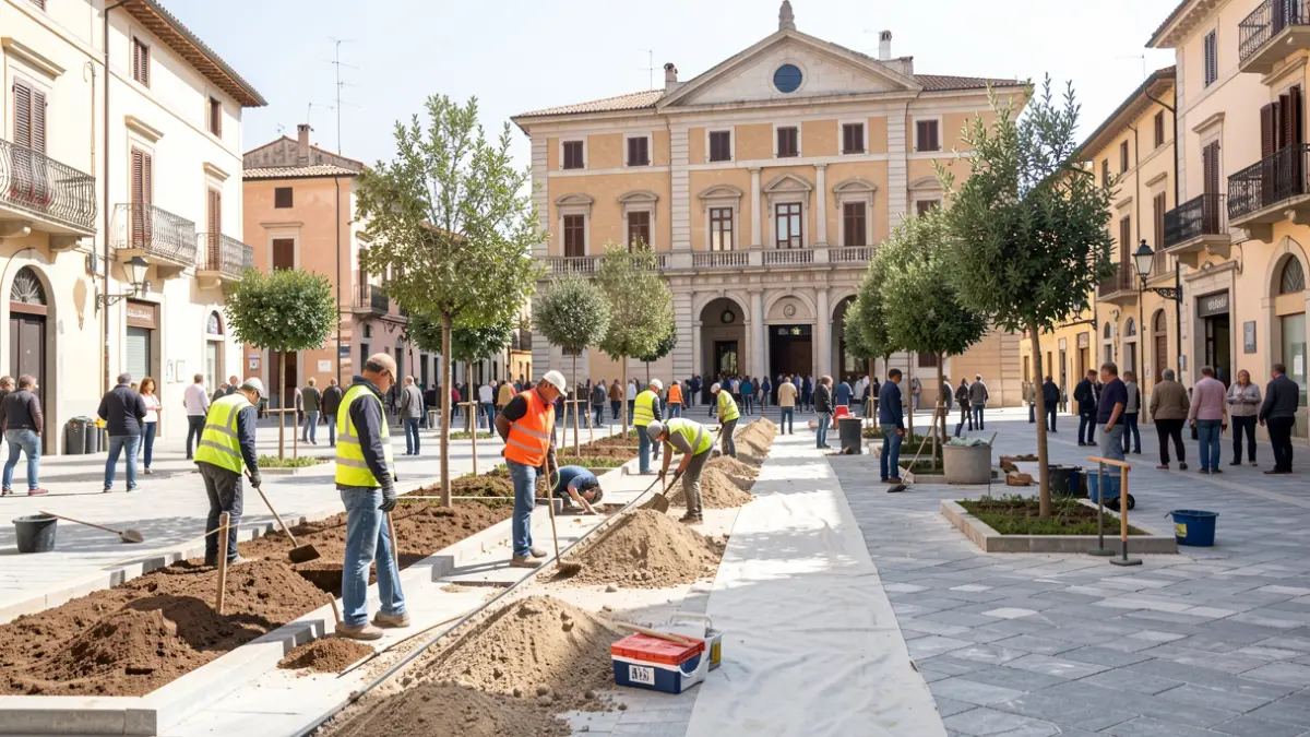 Imatge genèrica d'obres de renovació d'un espai públic urbà amb treballadors i maquinària.