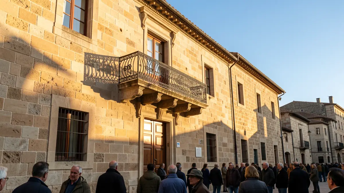 Generic image of a town hall facade with a balcony and sunlight.