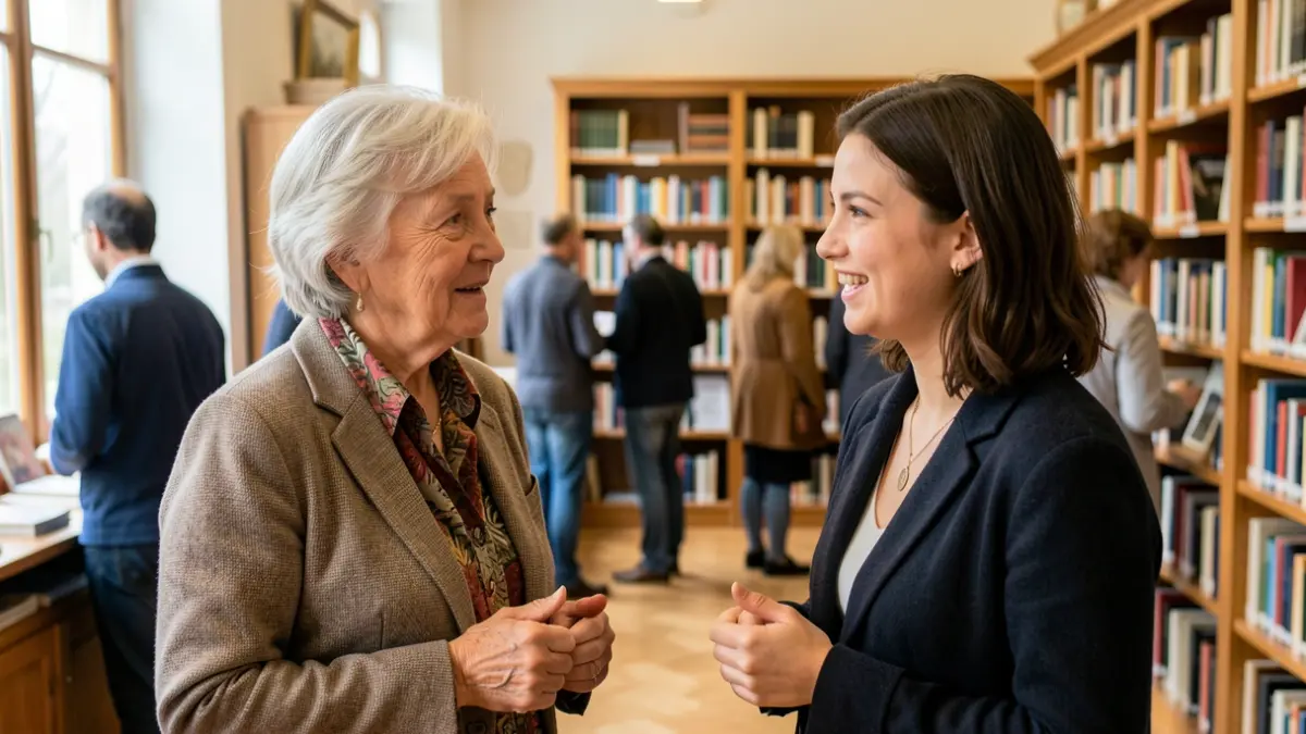 Imagen genérica de dos mujeres conversando en un espacio interior.