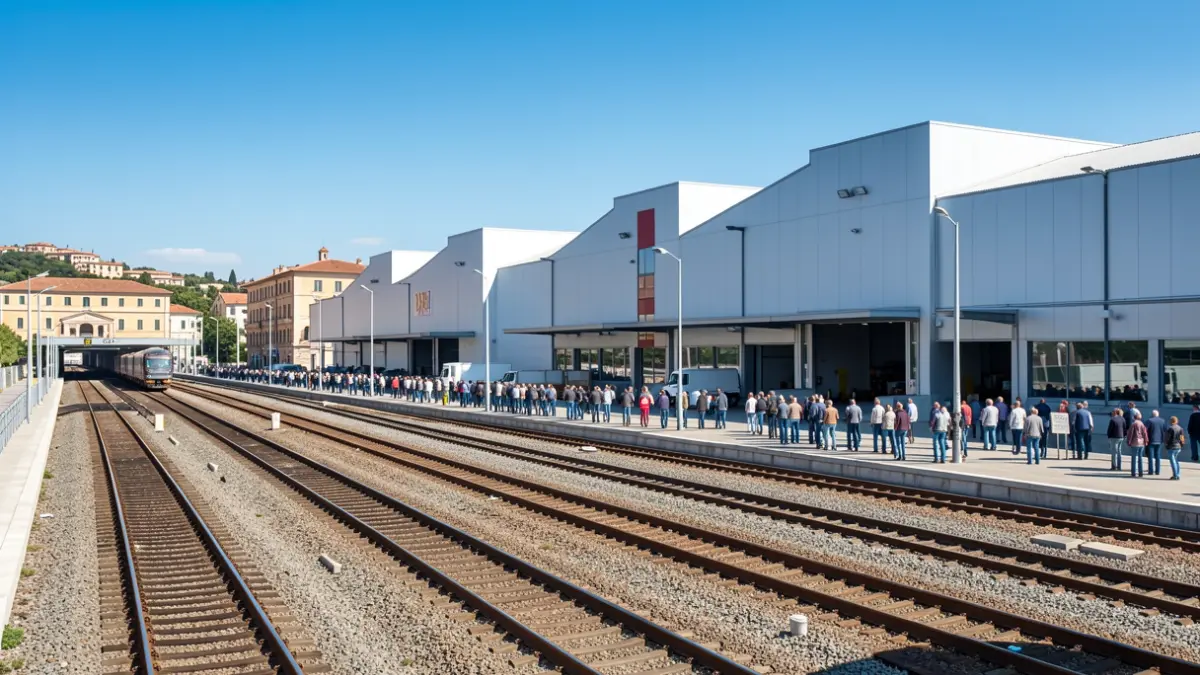 Imatge genèrica d'un nus logístic amb vies de tren i magatzems.