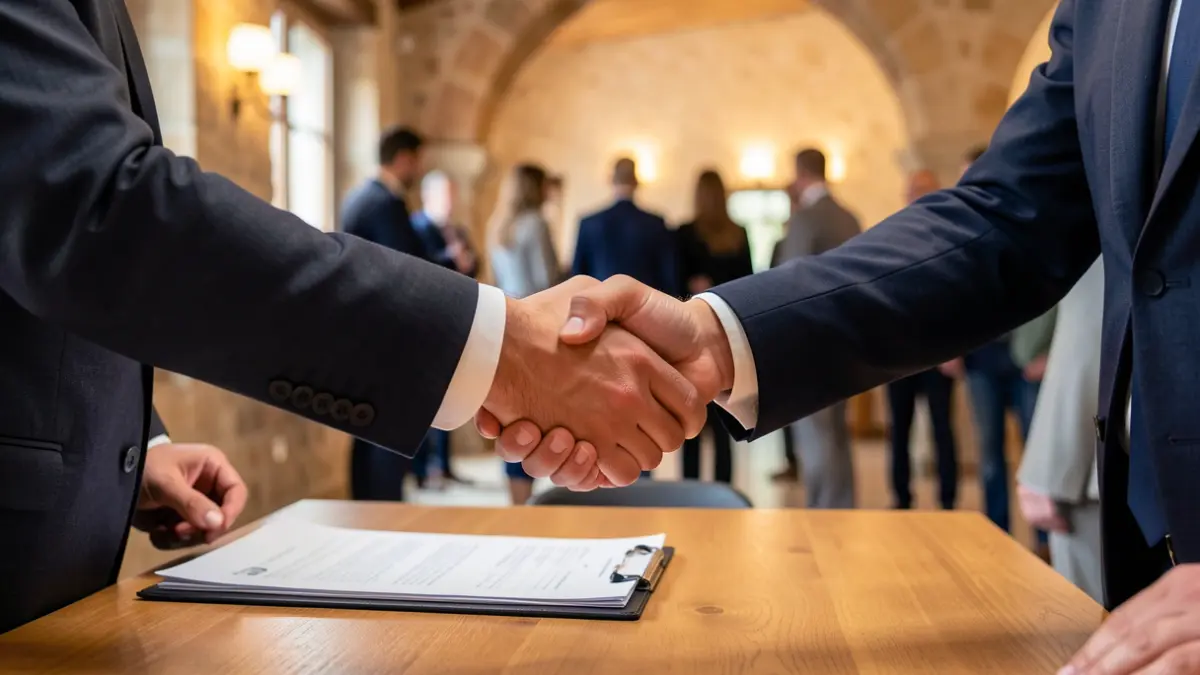 Generic image of two people shaking hands over a table with documents.