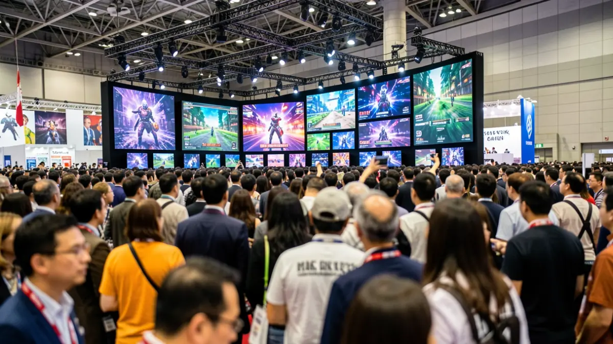 Imagen genérica de una feria de videojuegos internacional con multitud y pantallas.