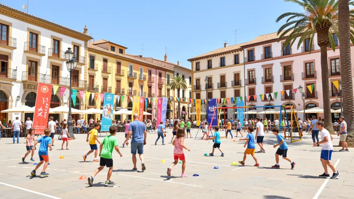 Imatge genèrica d'una plaça de barri valenciana plena d'activitats esportives familiars.