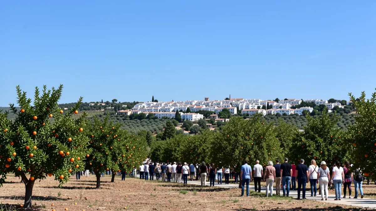 Generic image of a Mediterranean landscape with orange trees and a town in the background.