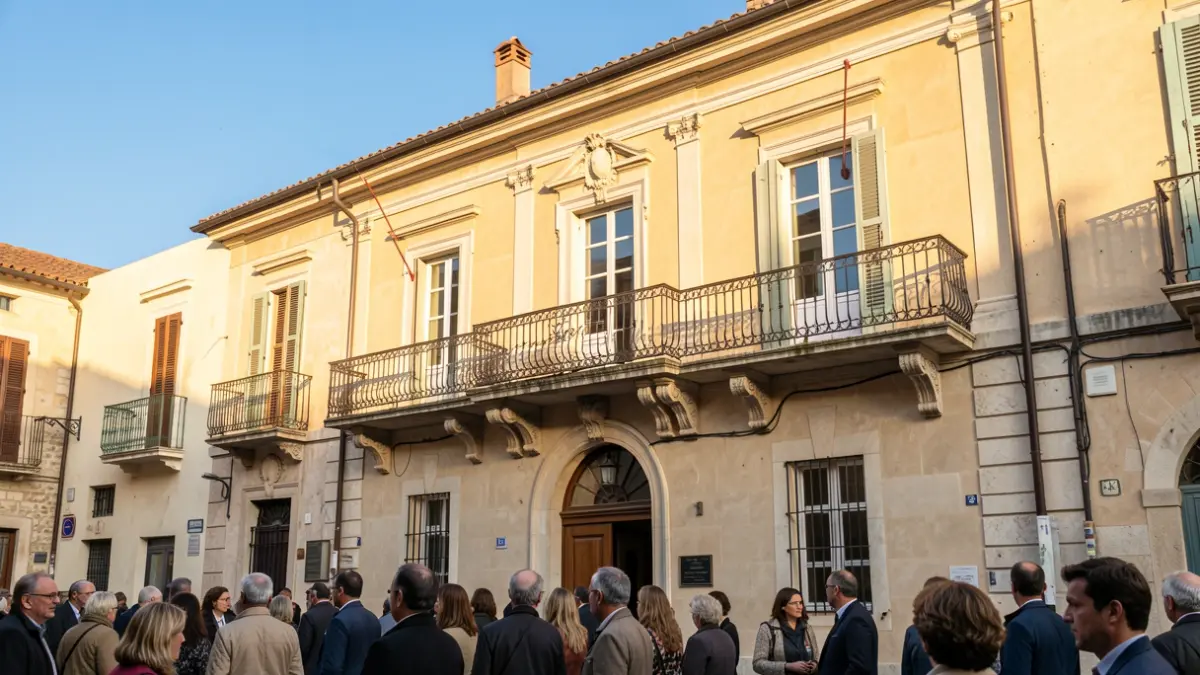 Generic image of a Mediterranean town hall facade with a balcony and iron railings, in the afternoon light.